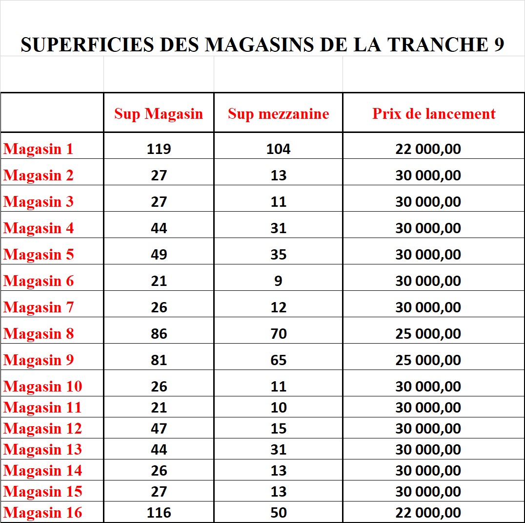 evSUPERFICIES DES MAGASINS DE LA TRANCHE 9
