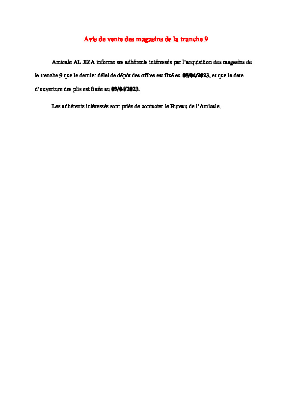 evAVIS DE VENTE DES MAGASINS DE LA TRANCHE 9